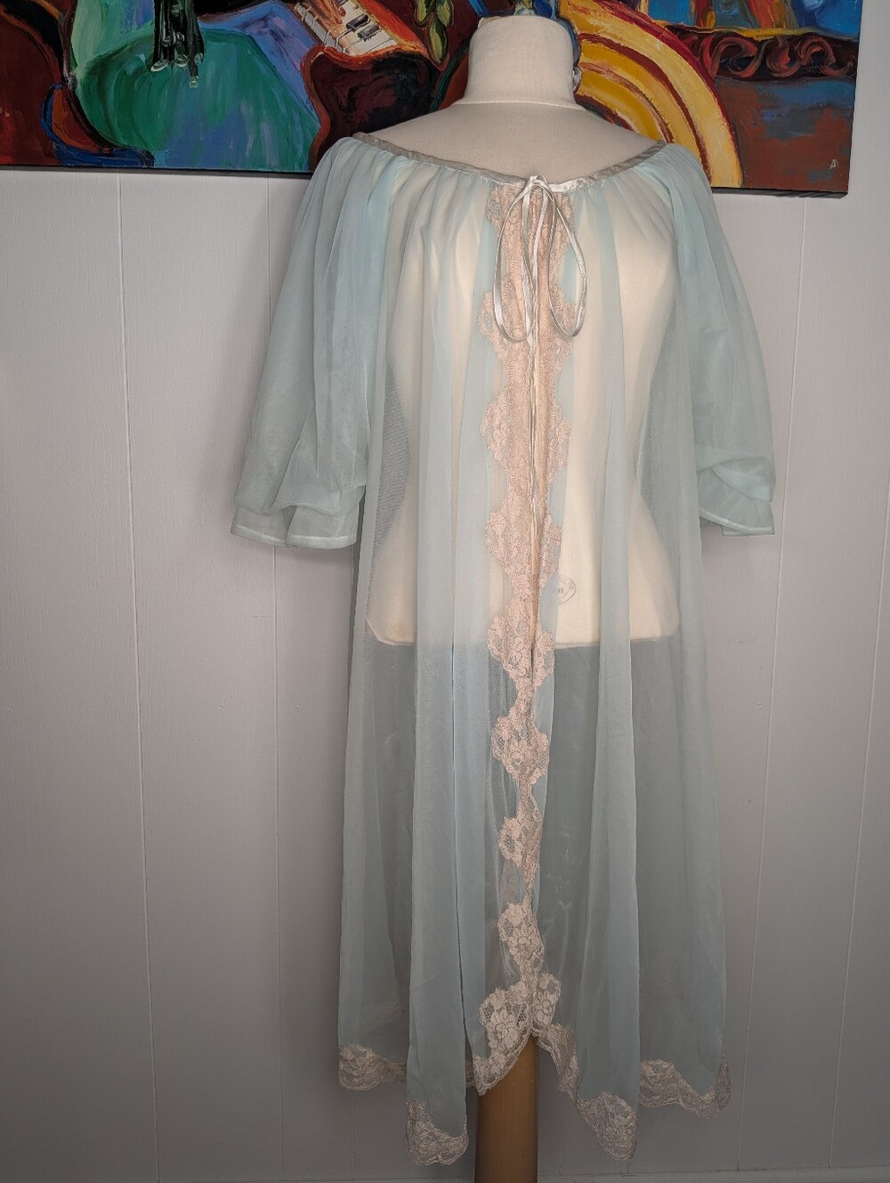 Vtg 60s Women’s Flowing Blue Chiffon Negligee Lace Trim Button Snap Satin Ribbon